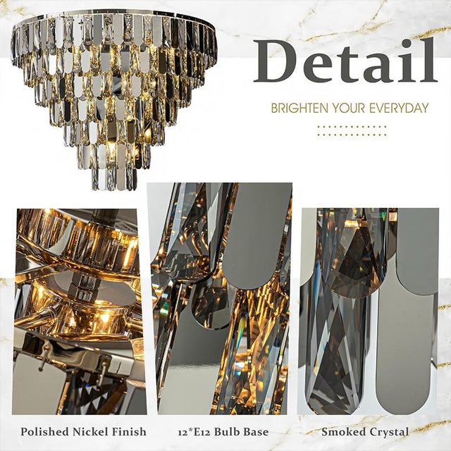Mid-Century Modern Aloadecor 12-Light Dimmable 7-Tier Smoked Crystal Flush Mount Ceiling Light Low Profile Luxury Fixture With Polished Nickel Finish For Sale - Image 3 of 4