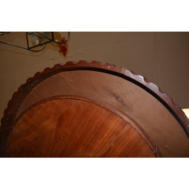 1980s Round Wooden Pedestal Table With Inlay Center & Scalloped Drop Edge For Sale - Image 11 of 12