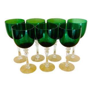 Vintage Green & Clear Cut Crystal Wine Glasses- Set of 7 For Sale