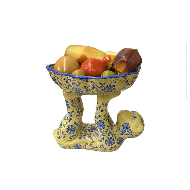 Ceramic Vintage Oriental Yellow Base Color Blue Flower Monkey Holding Bowl Figure For Sale - Image 7 of 7