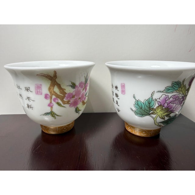 Late 20th Century Kangxi Signed Chinese Famille Rose Flower Cups W/Poem Hand Painted - a Pair For Sale - Image 4 of 12