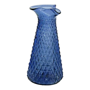 Diamond Point Pattern Blue Glass Pitcher Decanter Formed Spout Vase