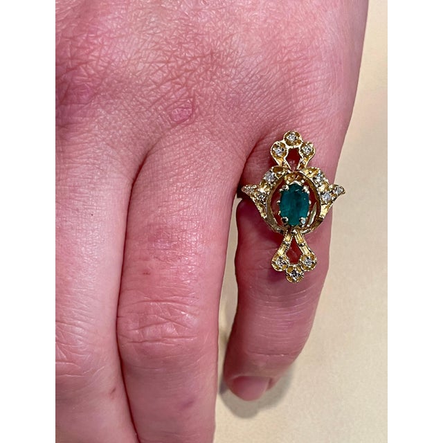 Natural Emerald, Oval Stone and Diamond Ring 14 Karat Yellow Gold For Sale In New York - Image 6 of 18