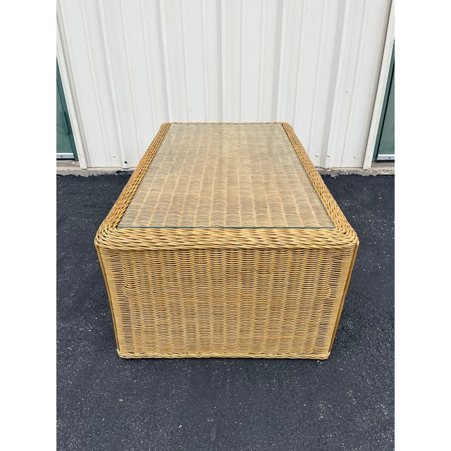 Vintage Coastal Woven Rattan Rectangular Coffee Table With Glass Top For Sale - Image 4 of 12