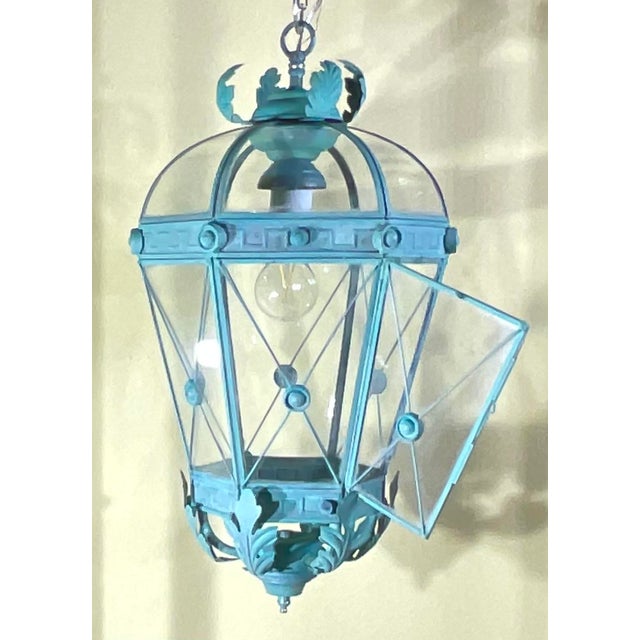 Vintage Solid Brass Hanging Lantern - Neoclassical Architectural Pendant Light For Sale - Image 10 of 17