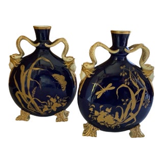 Pair Antique Grainger Cobalt Blue Porcelain Moon Pilgrim Flasks Snake Handles C. 1880 Gilt Vases Made in England For Sale