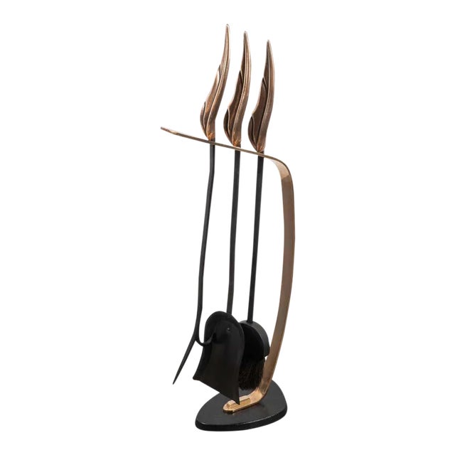 Mid-Century Modern Brutalist Flame Bronze & Black Enamel Firetool Set - Set of 4 For Sale
