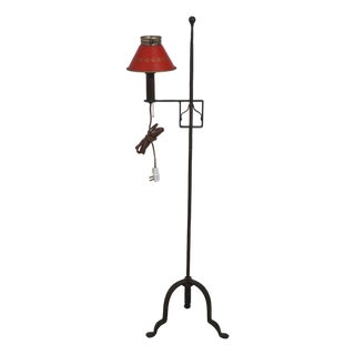 1930s Colonial Wrought Iron Tripod Adjustable Floor Lamp W. Tole Shade For Sale