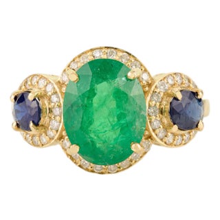 Contemporary 14k Emerald Sapphire & Diamond Gold Wedding Ring Size 5.5 For Sale