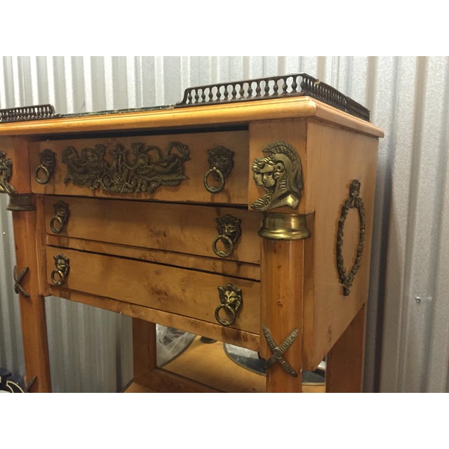 Early 20th Century Early 20th Century Pair of Empire Revival Burl Wood Sideboards With Brass Gallery and Ormolu Mounts With Verdi Marble Tops. For Sale - Image 5 of 10