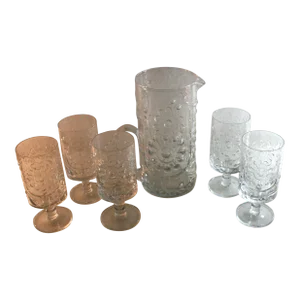 1960s Mid-Century Modern Scandinavian Hand Blown Clear Art Glass Pitcher & Footed Glass Set- 6 Pieces