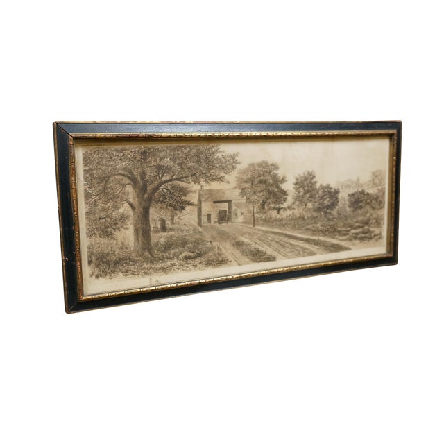 Antique Charles Gondel etching featuring a panoramic country landscape with horse drawn carriage pulling up to a large...