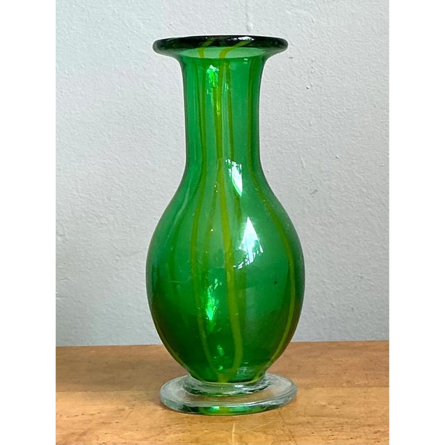 Glass Vintage Italian Striped Green Glass Vase For Sale - Image 7 of 12