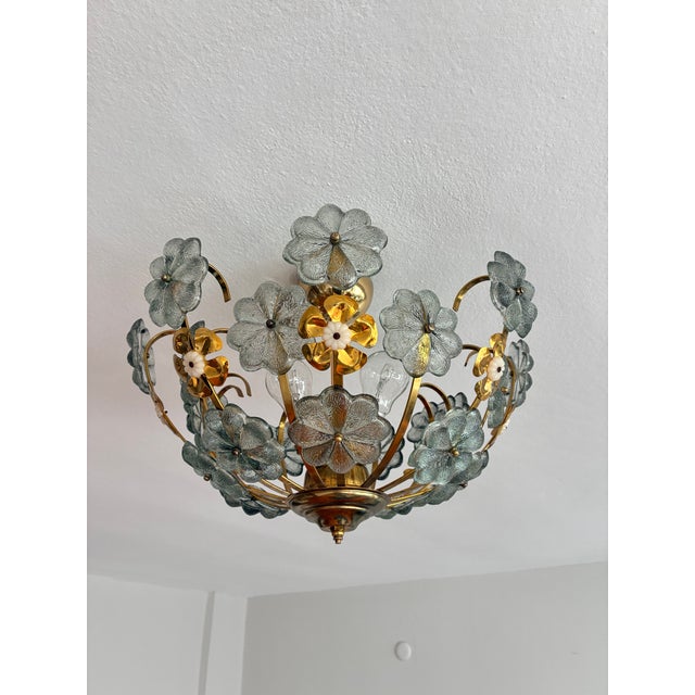Vintage Italian Hand-Painted Sage Green Glass & Brass Floral Flush Mount Chandelier For Sale - Image 18 of 18