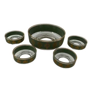 1950s Culver Harp Scroll Design Footed Serving & 4 Salad Bowl Set Olive Green Gold Trim- 5 Pieces