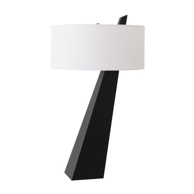 Obelisk Premium Quality Table Lamp, Black Oak, Satin Nickel, White Cotton-Linen Shade, Energy-Efficient Led Compatible For Sale - Image 4 of 7