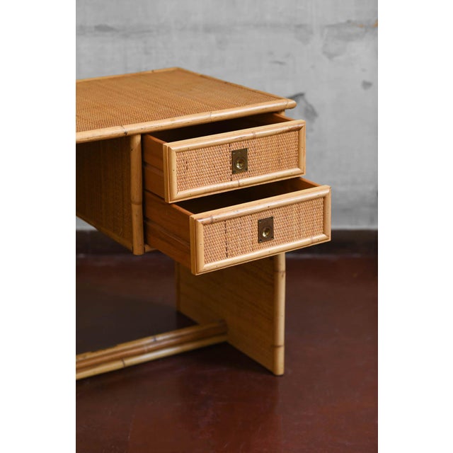 Desk in Bamboo and Wicker with Brass Details attributed to Dal Vera, 1970s For Sale - Image 4 of 8
