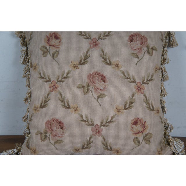 Mid 20th Century Down Filled Floral Crossed Roses Needlepoint Tassel Lumbar Throw Pillow For Sale - Image 6 of 11