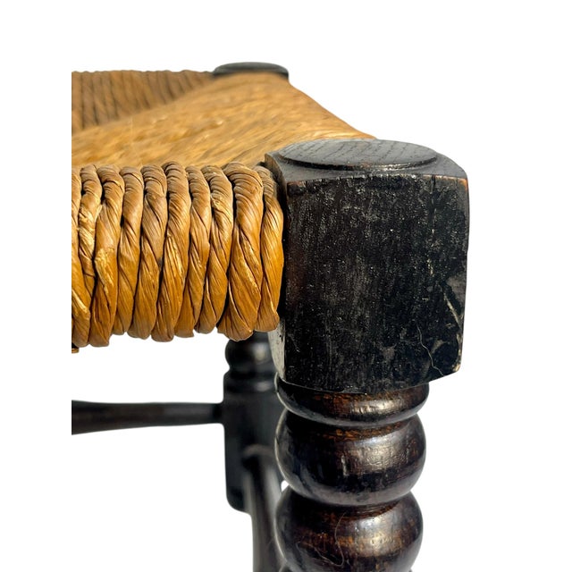 Antique English Jacobean Style Country Woven Rush Seat Stool With Bobbin Legs For Sale - Image 10 of 16