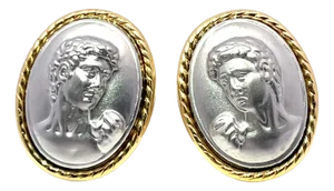 Mid 20th Century 14k Yellow Gold Cameo Man's Face Mirror Portrait Earrings- Set of 2