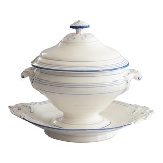 Antique French Blue & White Porcelain Lidded Sauce Tureen For Sale