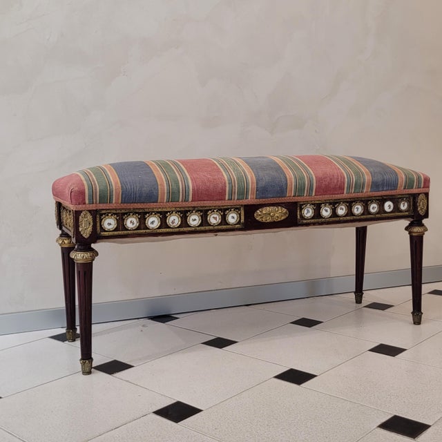 Louis XVI Style Dressing Bench in Beech, Bronze and Porcelain, France, 1850 For Sale - Image 6 of 18