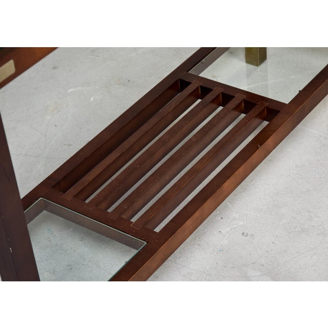 Wood Italian Mid-Century Walnut & Brass Console Table With Glass Top For Sale - Image 7 of 13