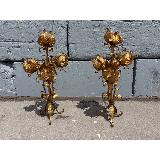 1960s Italian Table Lamps, Floral Design, Gold, Gilt - a Pair For Sale - Image 4 of 15