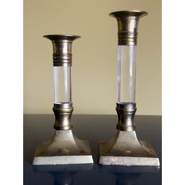 Charles Hollis Jones Vintage Pair of Mid-Century Modern Brass & Lucite Candle Stick Holders, 1960s For Sale - Image 4 of 10