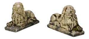 English 20th Century Composition Reclining Lion Sculptures with Patina - A Pair
