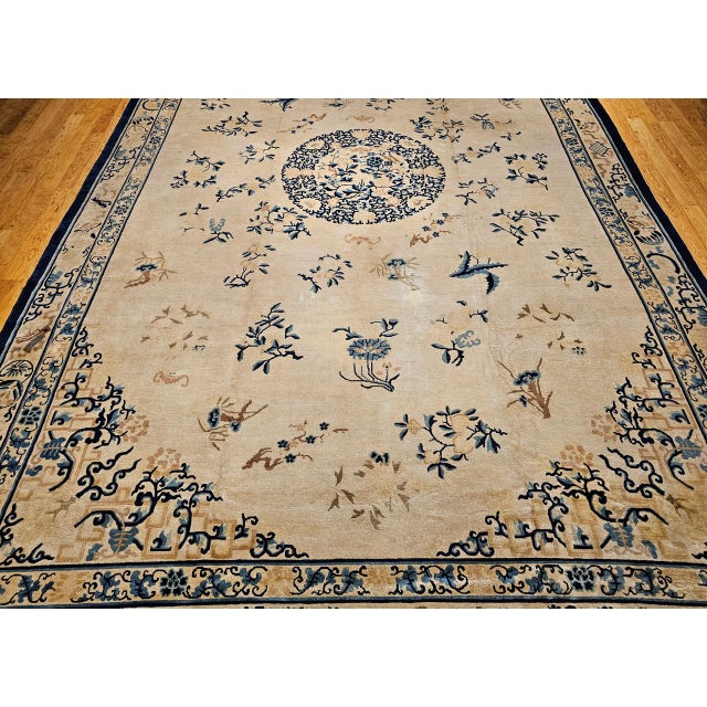 Antique Chinese Peking Oversize Rug, Wool on Cotton, All-Over Floral Design, Ivory & Blue, 12' X 18' For Sale - Image 12 of 18