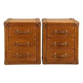 Luxury Handmade Leather Bedside Tables, Pair of Vintage Trunk Nightstands, Tan Leather 3 Drawer Bedside Cabinets With Brass Studs For Sale
