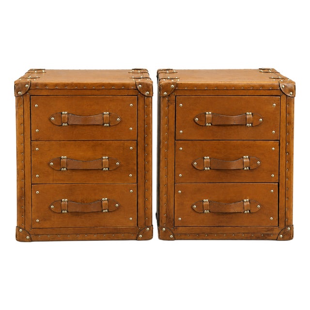 Luxury Handmade Leather Bedside Tables, Pair of Vintage Trunk Nightstands, Tan Leather 3 Drawer Bedside Cabinets With Brass Studs For Sale