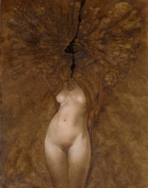 Revelation II by Allen Williams | Oil on Board Figure with abstract elements emerging from the body