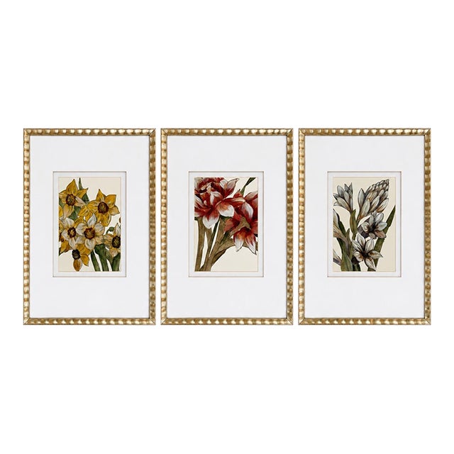 Set of 3 Lauren Galleries Framed Hand-Embellished Botanical Floral Prints For Sale