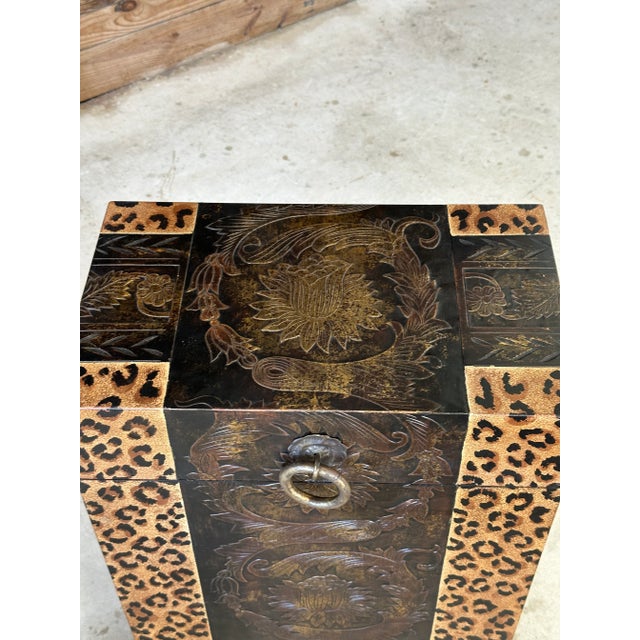 1990s Regency Safari Cheetah Gilt Embossed Metal Claw Feet Trunk For Sale - Image 11 of 12