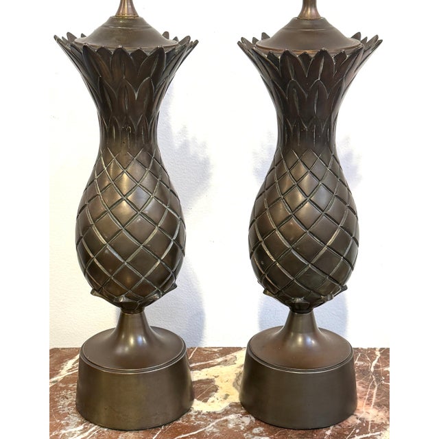 1990s Coastal Bronze Pineapple Lamps, Custom Rattan Shades & Pineapple Finials - a Pair For Sale In Greensboro - Image 6 of 12