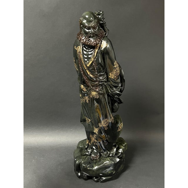 Chinese Art Large Carved Dark Green Soapstone Bodhidharma Statue For Sale - Image 4 of 13