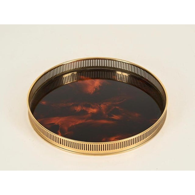 Round Tray in 24k Gold-Plated Brass and Tortoiseshell Acrylic Glass from Dior, Italy, 1970s For Sale - Image 3 of 13