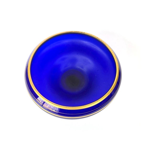 Glass 1930s Art Deco Cobalt Blue Satin Glass Candlesticks & Centerpiece Bowl Set For Sale - Image 7 of 8