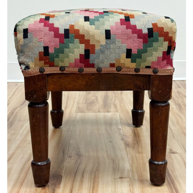 Vintage Colorful Patterned Needlepoint Footstool For Sale In Kansas City - Image 6 of 12