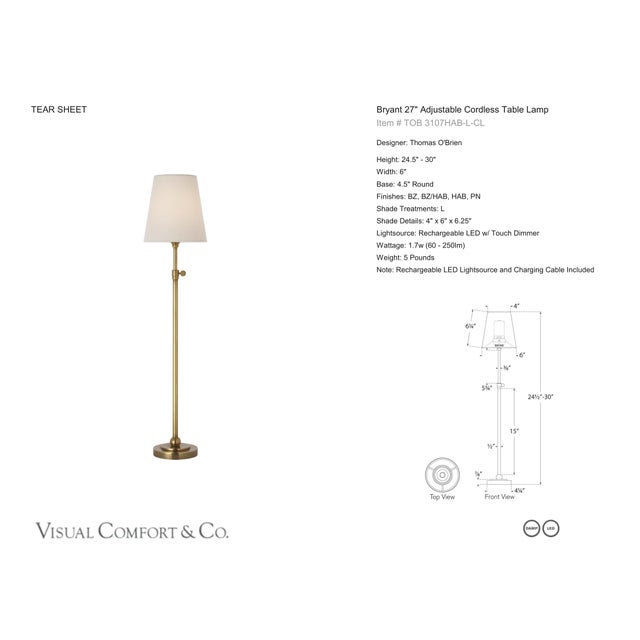 Thomas O'Brien by Visual Comfort Signature Bryant 27" Adjustable Cordless Table Lamp in Hand-Rubbed Antique Brass with...