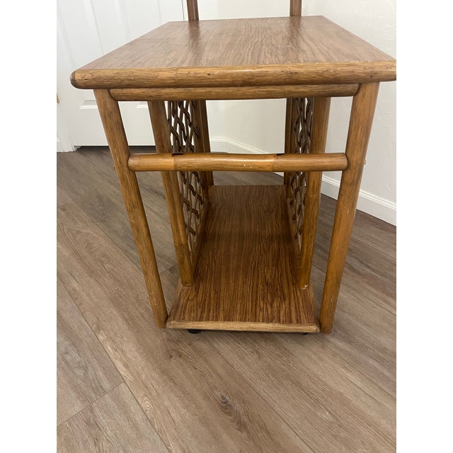 McGuire Style Vintage 1970s Hollywood Regency-Style Faux Bamboo and Rattan Rolling Bar Cart For Sale In Phoenix - Image 6 of 12