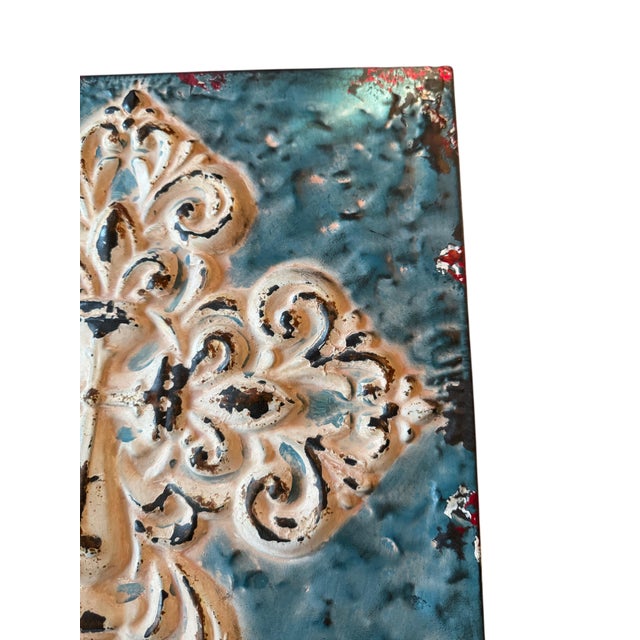 Distressed Teal & Ivory Fleur-De-Lis Metal Wall Art – 14” X 19” For Sale - Image 9 of 10