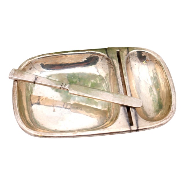Hammered Silver Butter Dish with Compartments and Knife, Set of 2 For Sale