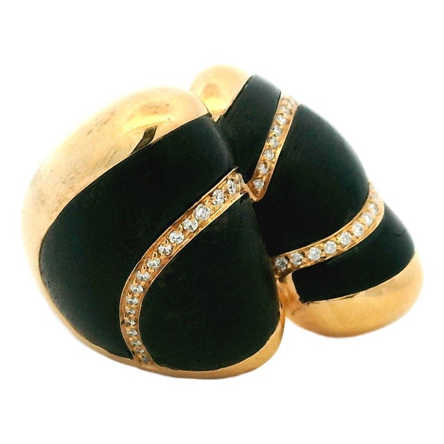 Circa 1990 Italian 18k Gold Ebony Wood and Diamond Statement Ring, Size 7.5 For Sale