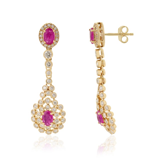 Art Deco Revival 1.71ct Ruby & 1.29ct Diamond Chandelier Drop Earrings 14k Gold- 2 Pieces For Sale - Image 4 of 12
