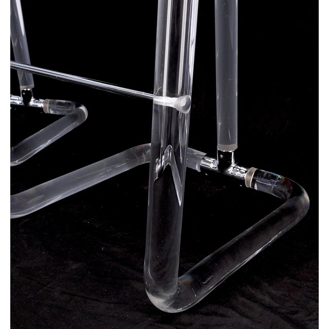Pair Bent Lucite 1970s New Alcantera Upholstery Swivel Barstool Chairs Chairs For Sale - Image 11 of 15