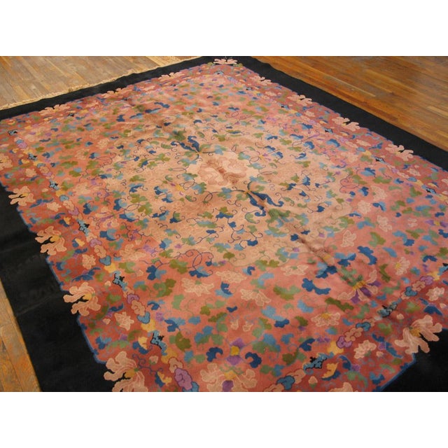 Art Deco 1930s Pink Rose Floral Antique Chinese Art Deco Rug 9'x 11' 8" Handknotted Wool Carpet For Sale - Image 3 of 6