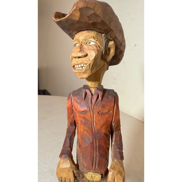 1980s Exquisite Signed Hand Carved Wood Folk Art Man Cowboy Sculpture Statue Figure For Sale - Image 11 of 13